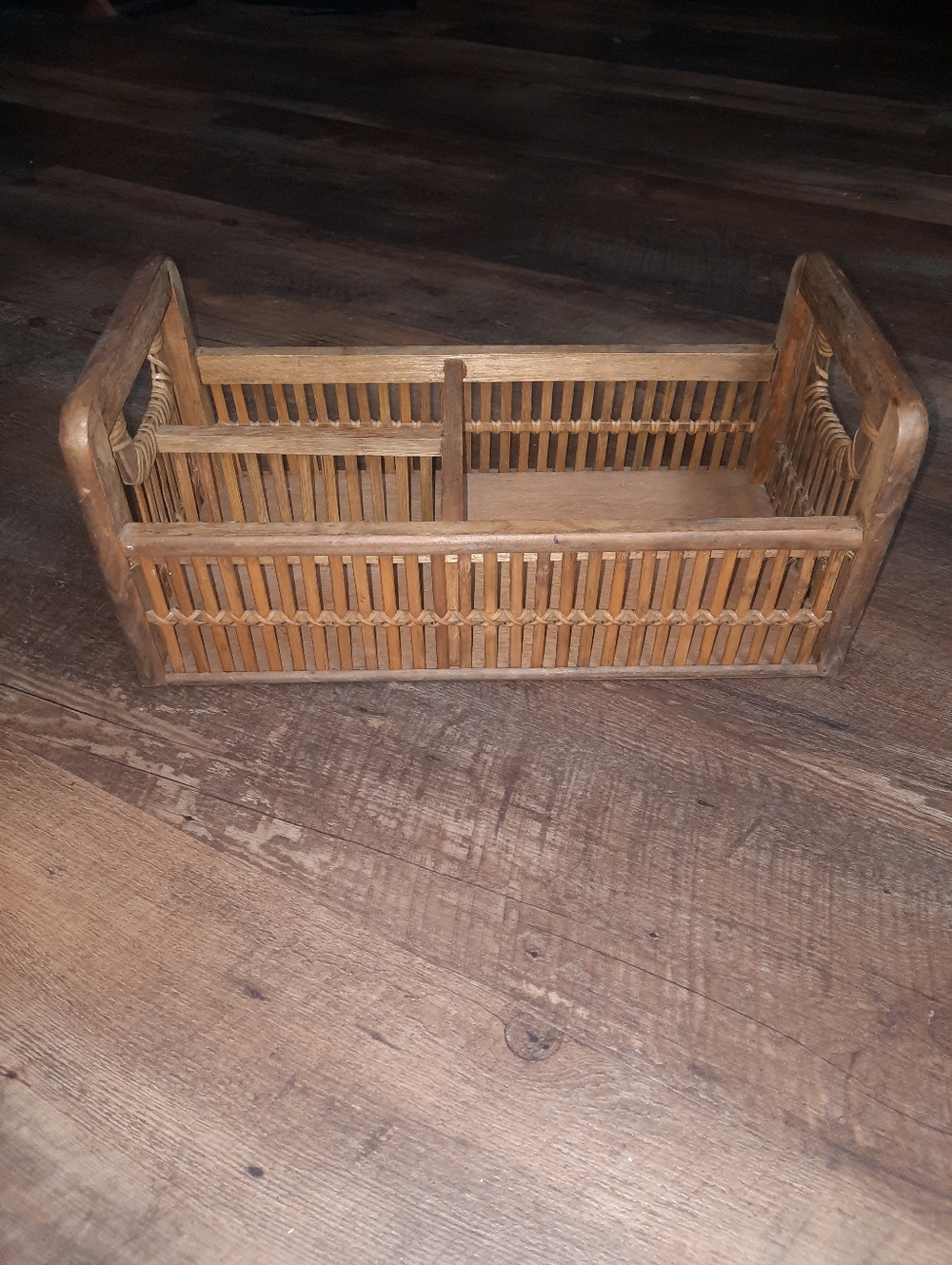 Vintage Wood And Rattan Organizer Basket